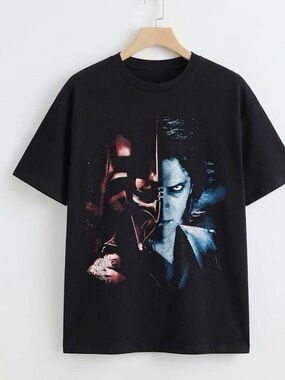 Black Graphic Tee with Red & Blue Character Print